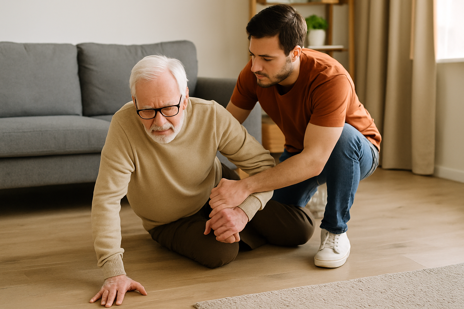 Idoso caído no chão da sala com expressão de dor, sendo ajudado por um homem mais jovem em um ambiente doméstico aconchegante