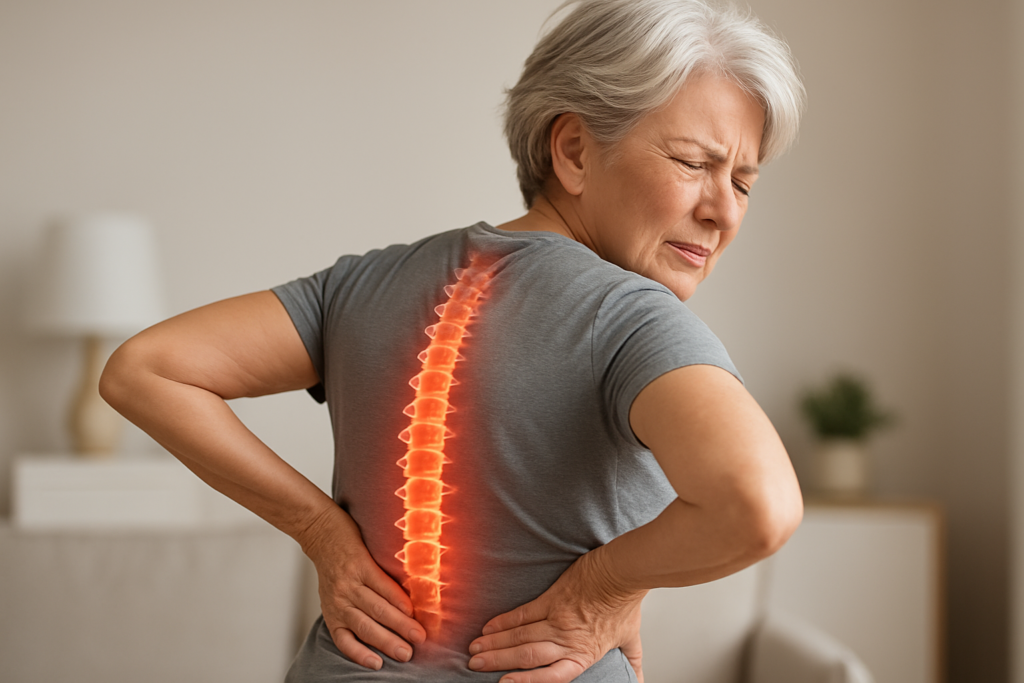 Senhora com expressão de dor segurando as costas, com destaque na coluna vertebral iluminada, simbolizando dor na coluna