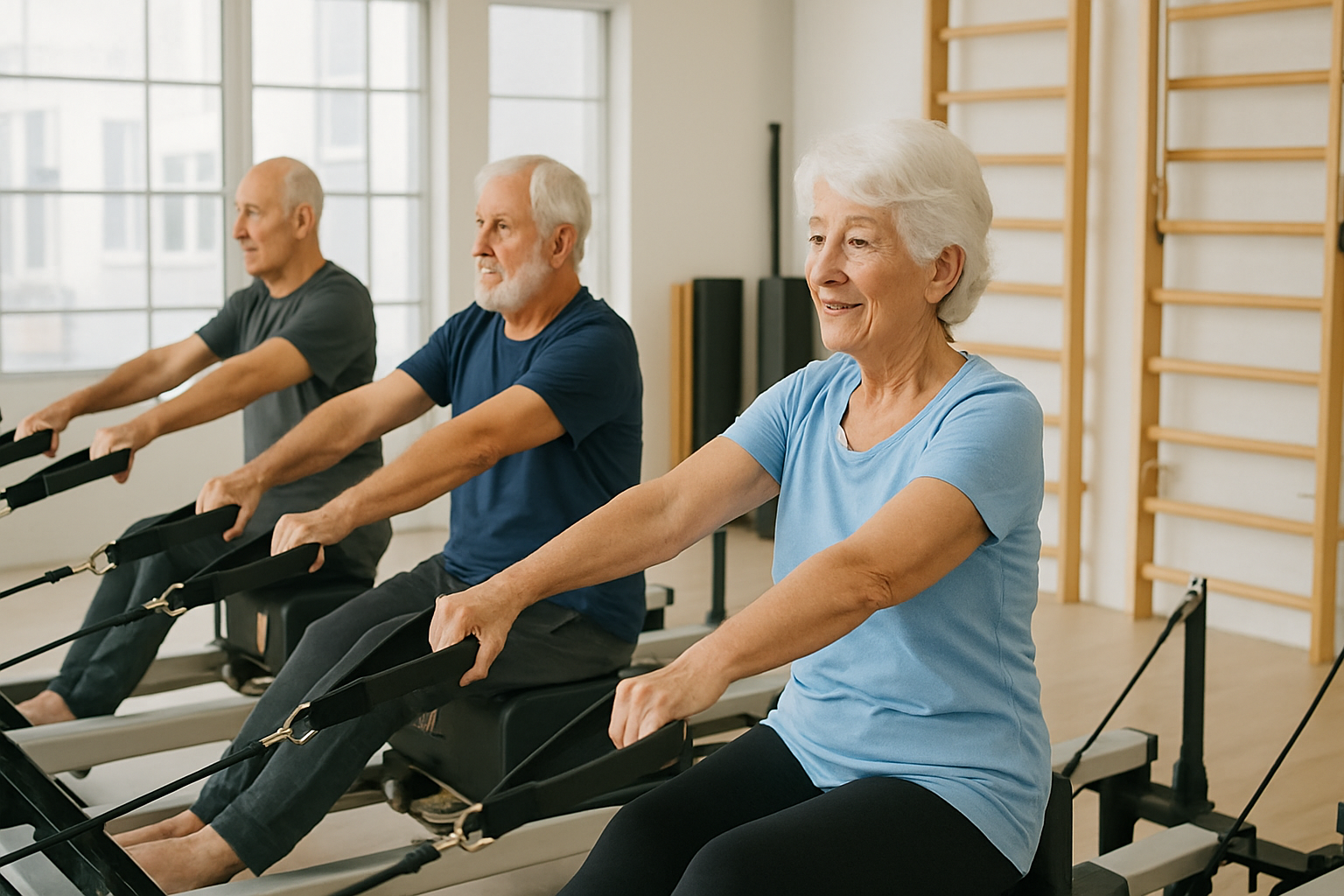 Três idosos praticando exercícios de Pilates no aparelho reformer em estúdio iluminado, promovendo equilíbrio, força e saúde óssea