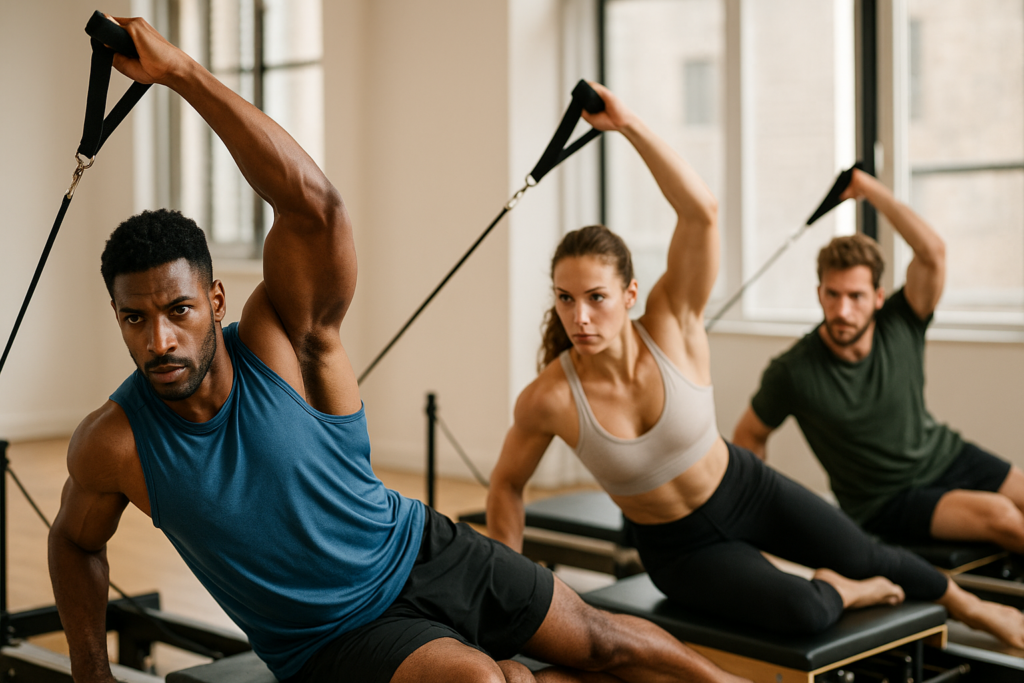 Atletas praticando Pilates em estúdio, usando equipamentos reformer para melhorar força e desempenho esportivo