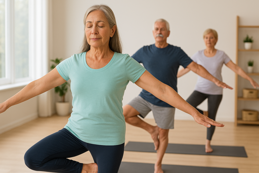 Idosos praticando Pilates para melhorar o equilíbrio