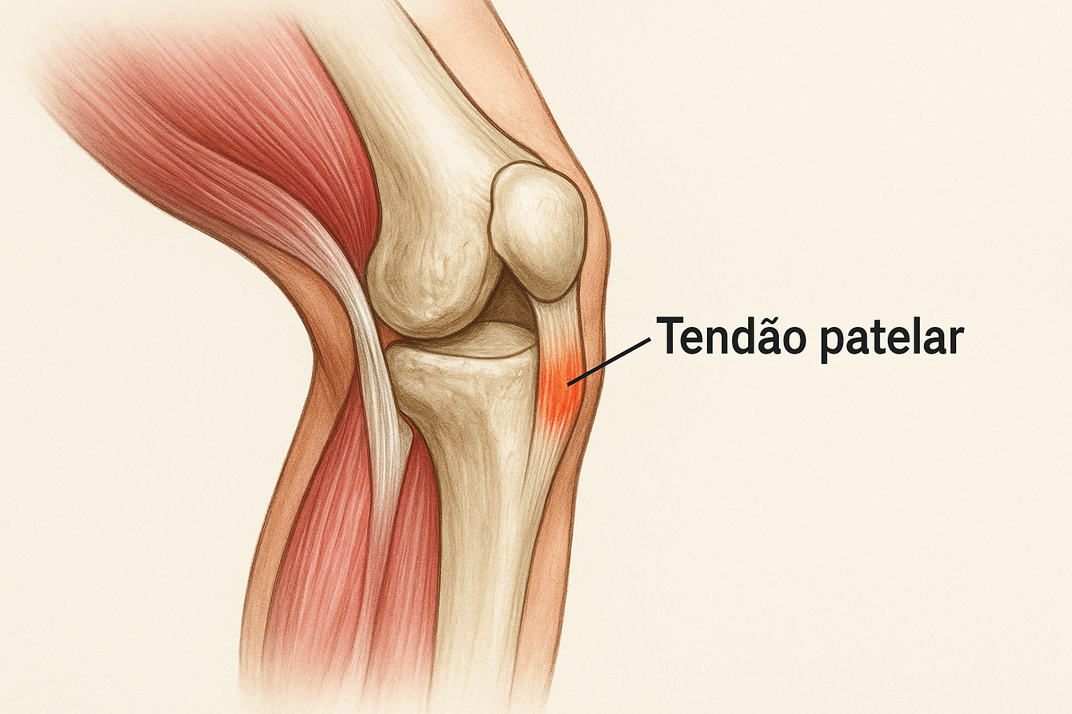 Ilustração anatômica do joelho humano destacando o tendão patelar inflamado em vermelho, indicando o local típico da tendinite patelar.