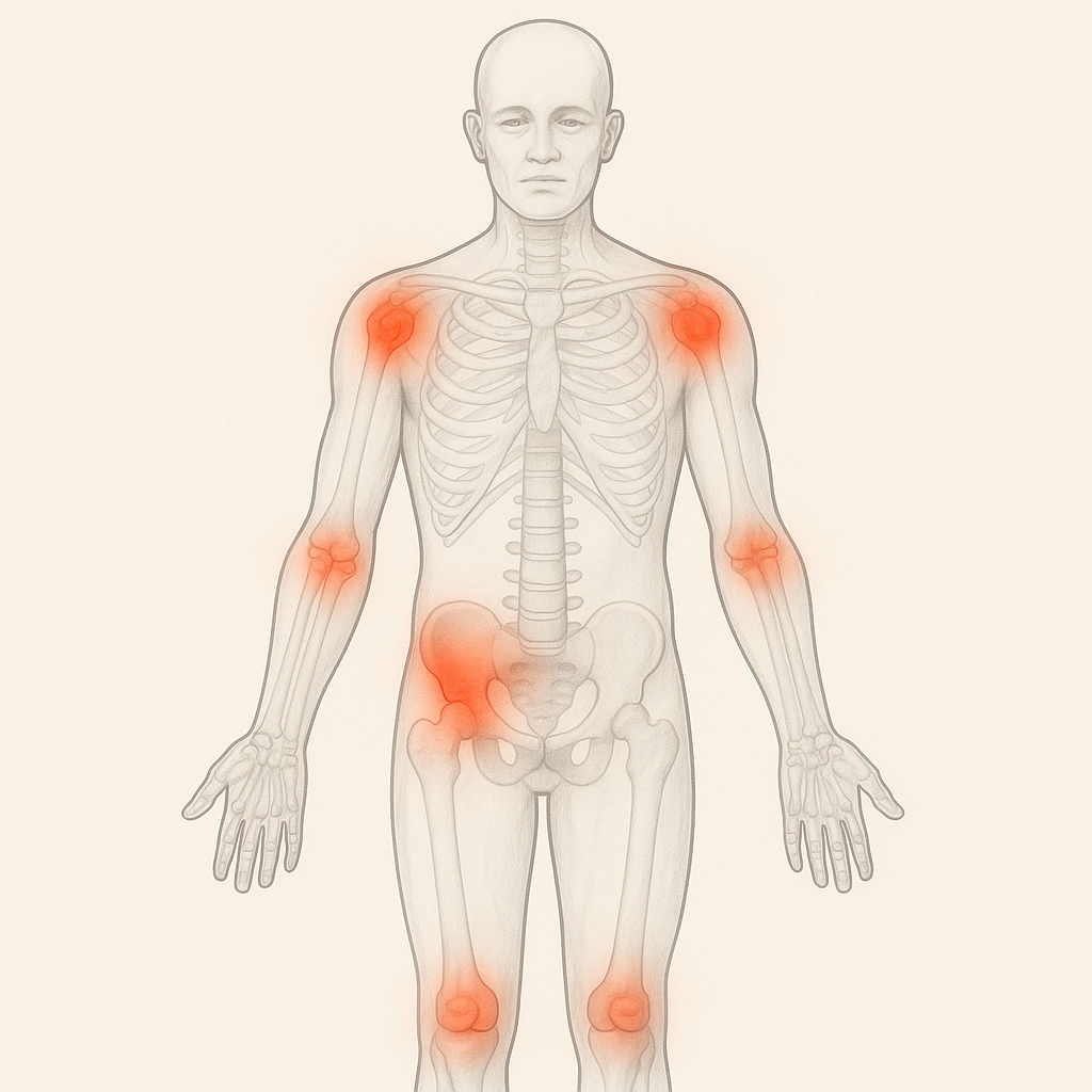 Ilustração do corpo humano com articulações inflamadas nas mãos, joelhos e coluna, representando os sintomas da artrite