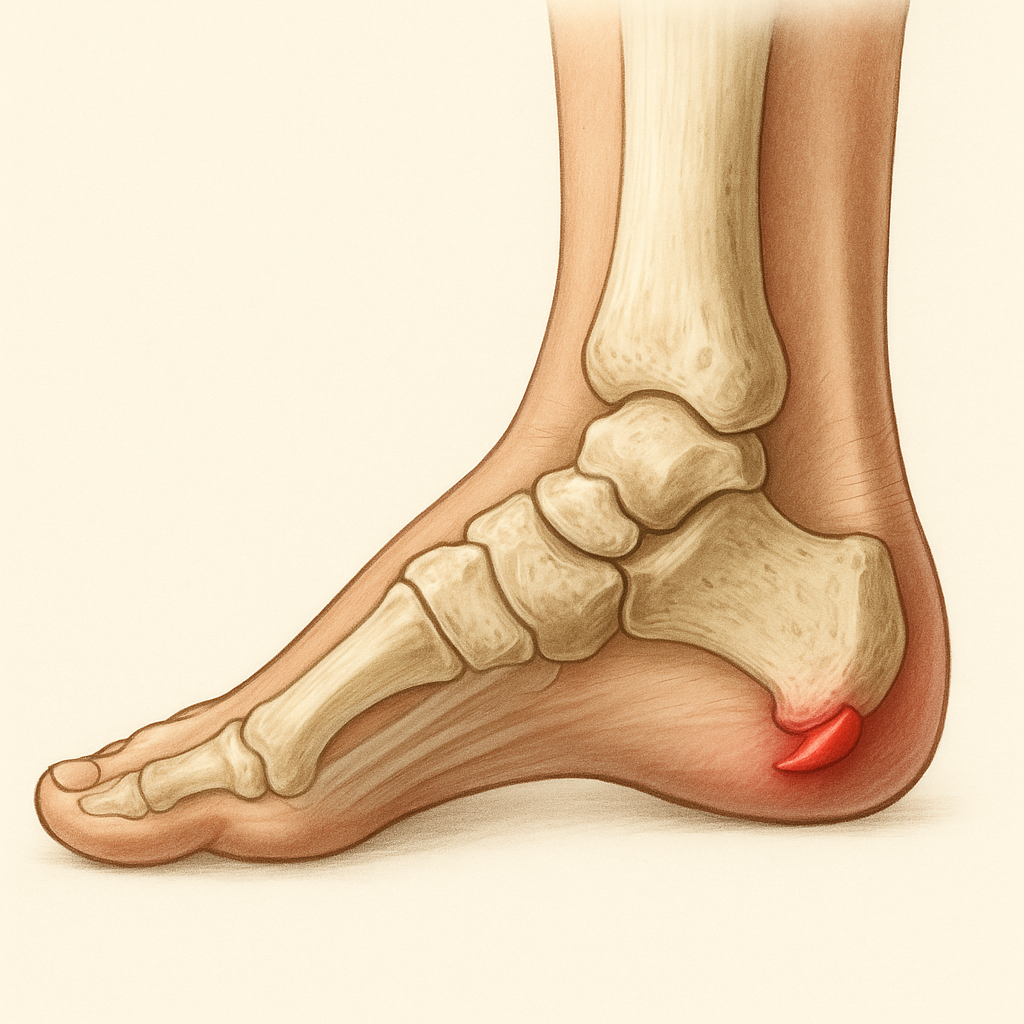 Ilustração anatômica realista do pé humano com destaque para o esporão de calcâneo na base do calcanhar.